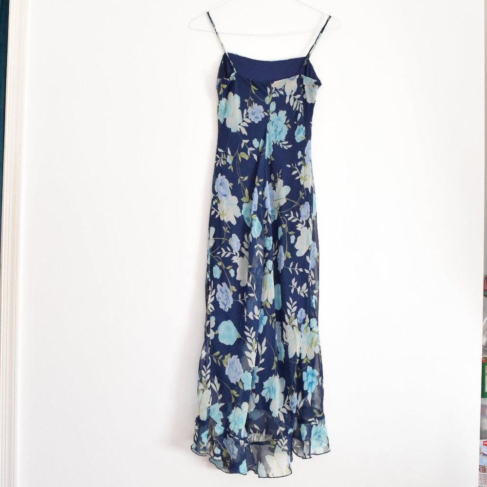 BE SMART Vintage Navy Blue Flowy Chiffon Floral High Low Maxi Dress | Size S - Picture 2 of 10